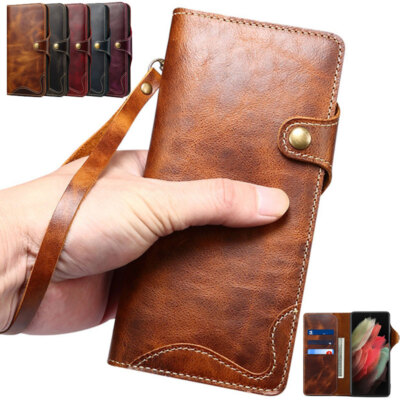 For Samsung S20-S25/iPhone 11-17 Pro Max Genuine Leather Flip Wallet Case Cover