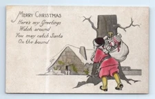 Merry Christmas Santa Claus on Bound Pink Suit Hand Tint Postcard c.1920 USA