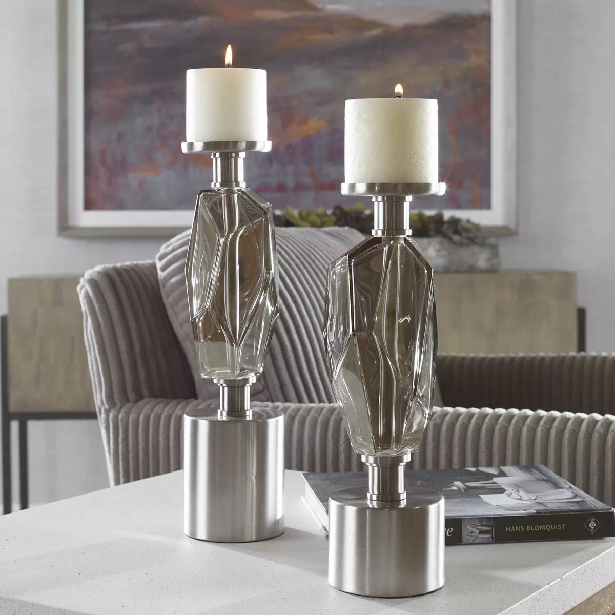 PAIR MODERN GEOMETRIC GLASS BRUSHED NICKEL CANDLE HOLDERS UTTERMOST 17994