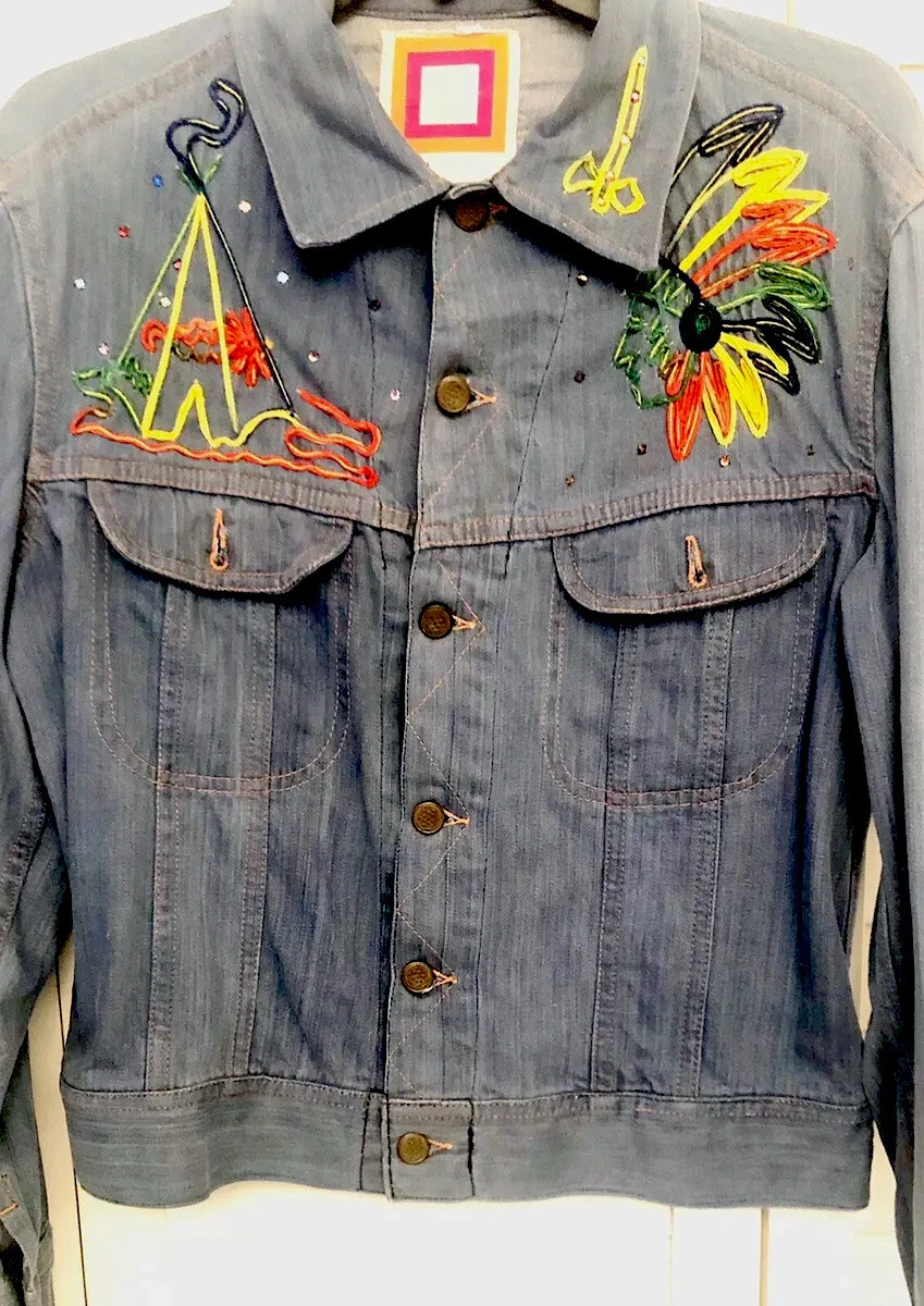 Antler 1970’s Mens Denim Blue Jean Jacket with Native Indian Embroidery  Size M