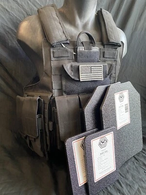 GREEN2 TACTICAL Black Tactical Vest Plate carrier w/ 2 Curved 10x12 Plates & Side Plates