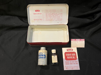 Vintage Rexall First Aid Kit W 505 Tin Box w Manual & Gauze 
