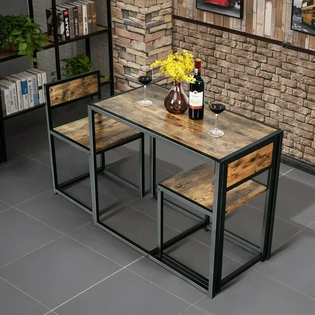 3pcs Dining Set Compact Table and 2 Chair Home Kitchen Breakfast Rustic Table - Image 3 of 4