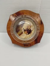 Vintage Glass Ashtray  Wooden Base Savannah Georgia Chipmunks Removable Picture 