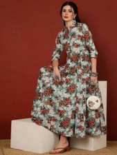 Indian Women multicolor Cotton Floral Printed Anarkali Kurta Kurti Dress