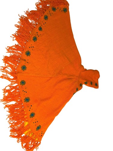 Vintage 100 % Nepal Wolle Poncho Neon orange blau Blume bestickt schwer gefüttert - Bild 10 von 15