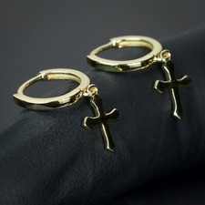 14K Gold Plated Solid Cross Drop Dangle Huggie Hoop Earrings For Men