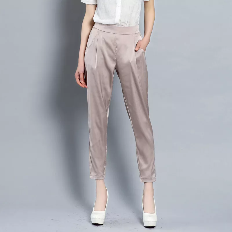 Office Women Trouser Pants Tapered Satin Ankle-length Casual Summer  Workwear New