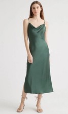 NWT! Quince 100% Mulberry Silk Cowl Neck Forrest Green Slip Dress! Sz. S! (A38)