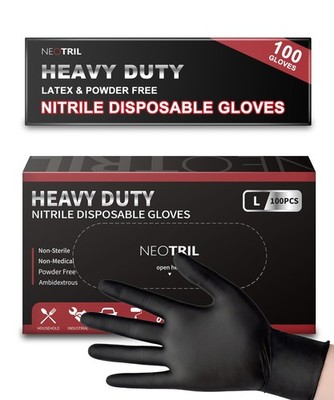 6 Mil Heavy Duty Black Nitrile Disposable Gloves, Latex--, Textured Grip Glov...