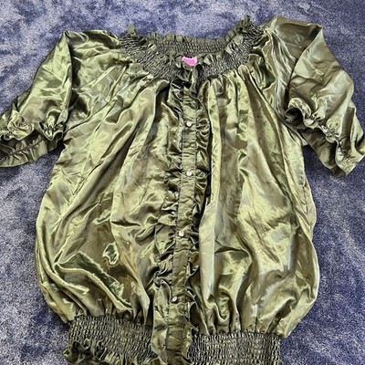She s Cool Green Satin Off Shoulder Blouse XL Retro Style Olive Shiny Gathered