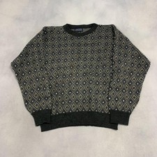 Vintage Abstract Knitted Jumper Patterned Grandad Knit Sweater Men's L