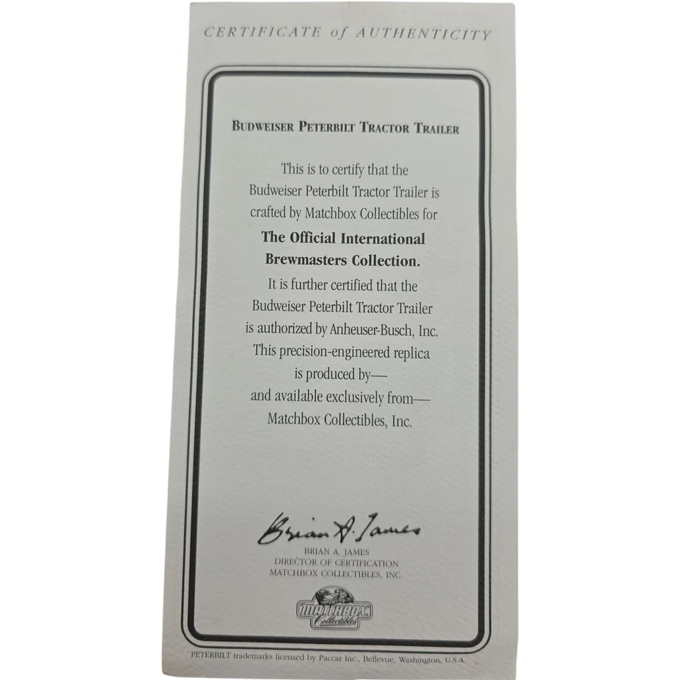 Matchbox Collectibles Budweiser Peterbilt Tractor Trailer Die-Cast with COA 1998 - Image 2 of 4