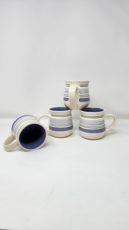 4 New Vtg Pfaltzgraff Rio White/Blue Striped Stoneware Mugs 12 oz Made in Mexico