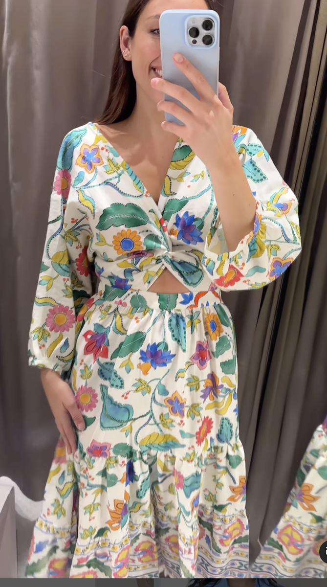zara printed linen blend knotted dress ZARA NWT WOMAN SS24 PRINTED LINEN BLEND KNOTTED DRESS MULTICOLORED |  3313/478 XS