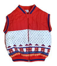 Vintage Winter Vest Knit Front Full Zip Red w/ Blue Yellow Trim Size 24 Months