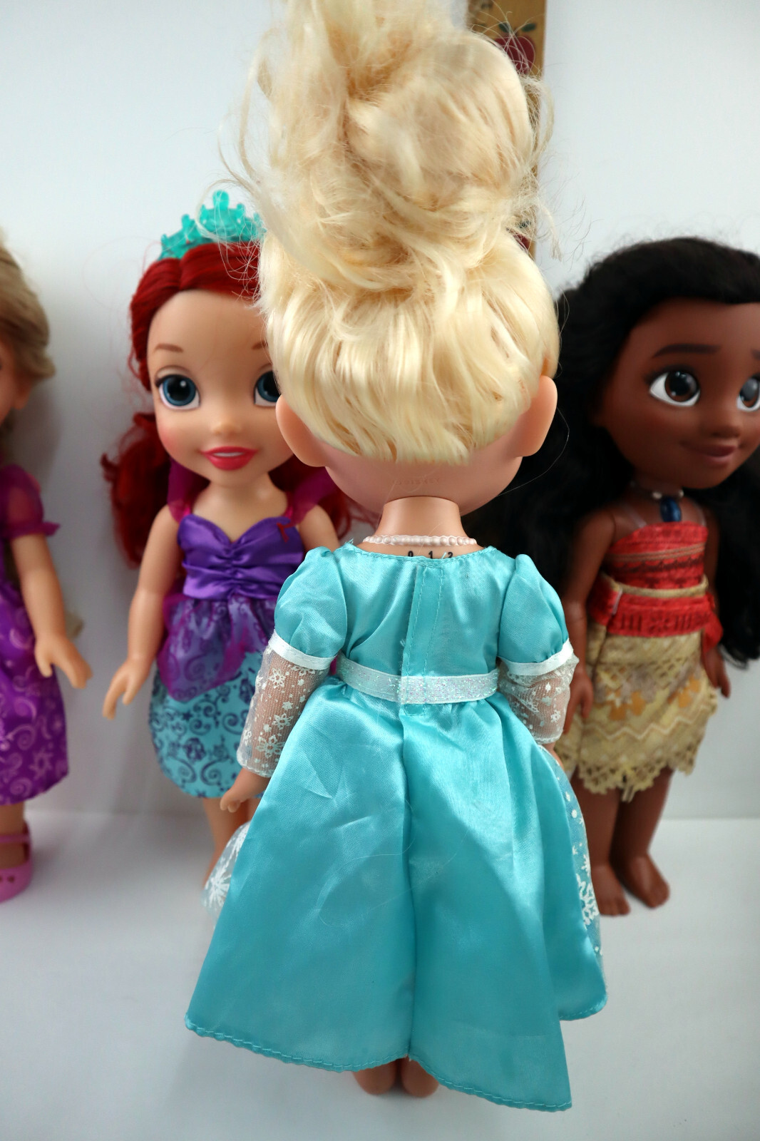 Lot of 8 Disney Toddler Princess Dolls 14”-16”H -Clothing, some w/shoes & sound