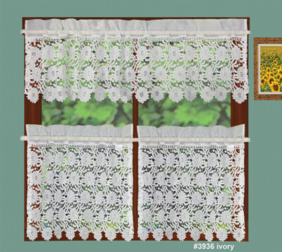 Creative Linens Sunflower Knitted Lace Kitchen Curtain Valance, 24'' Tiers Ivory 