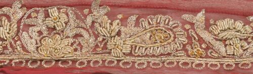 Sanskriti Vintage Saree Border Hand Beaded Craft Zari Trims 1 Yard Ribbon Maroon - Picture 3 of 8