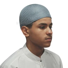 Islamic Grey Kufi Skull Cap 100% Nylon Head Cover Prayer Hat Knitting Lines