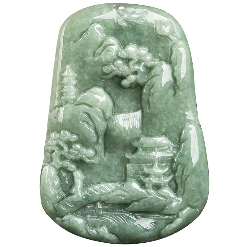 Myanmar A-Grade Certified Jade Handcarved Landscape Bean Seed Pendant 山水望岳