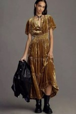 Anthropologie Somerset Velvet Tiered Maxi Dress Bronze Gold NWT Size Small