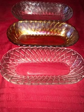 3 INDIANA Glass Basket Weave Oval Relish Celery Dish 10” Amber Carnival & Clear