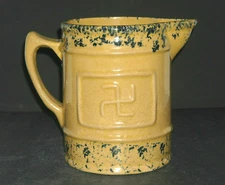 Blue Sponged Yellow Ware Good Luck Pitcher - Stoneware Spongeware Salt Glaze