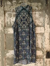 American Eagle Blue Paisley High Neck Open Back Mini Sheath Dress Size Large