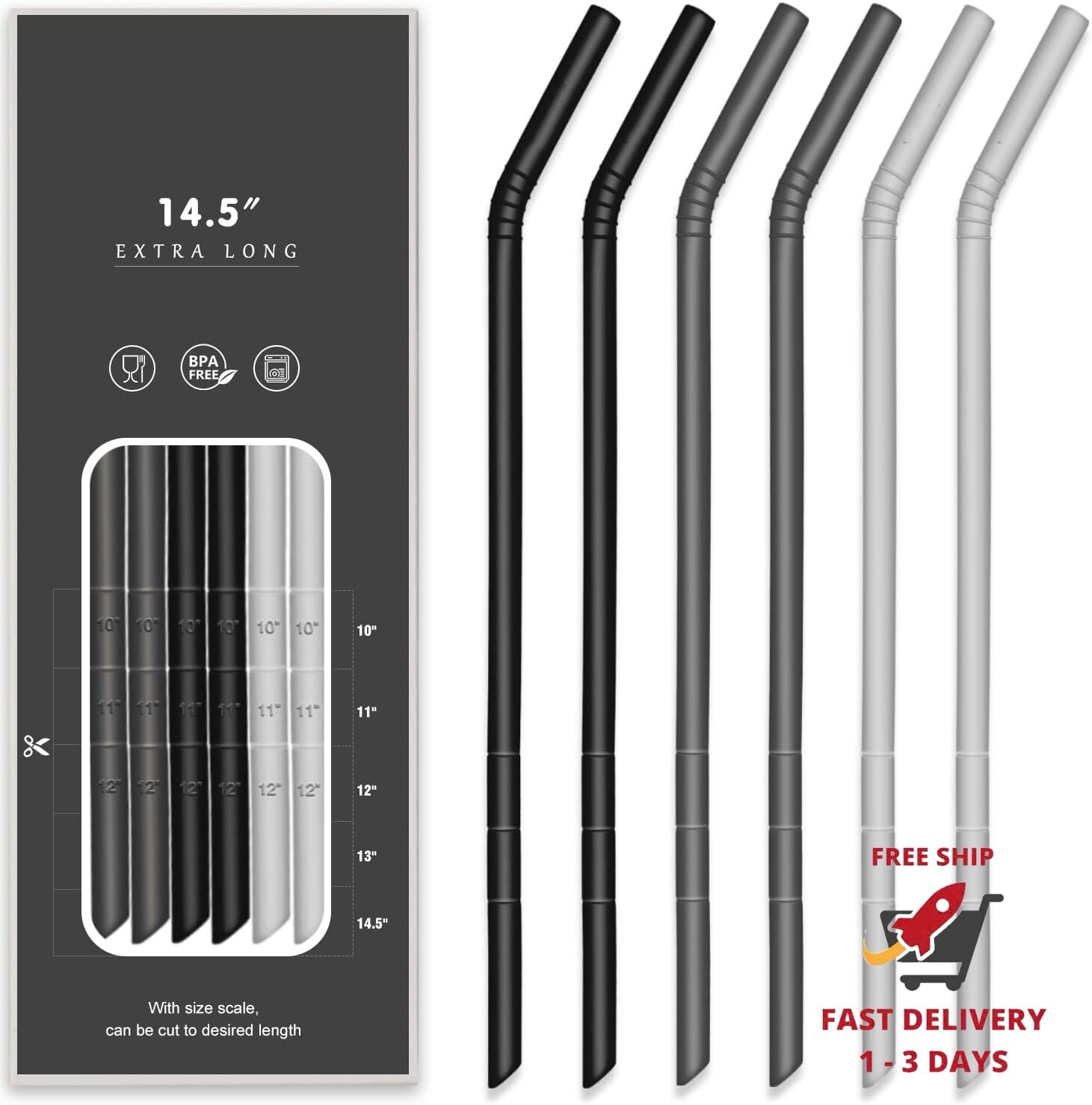 Pajitas de silicona reutilizables extralargas de 14,5 pulgadas