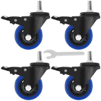 3'' Heavy Duty Stem Caster Wheels | 1/2''-13 x 1'' Threaded | Set of 4 w/ Wrench
