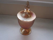 Beautiful Vintage Amber Jeanette Carnival Depression Glass Candy Dish with Lid