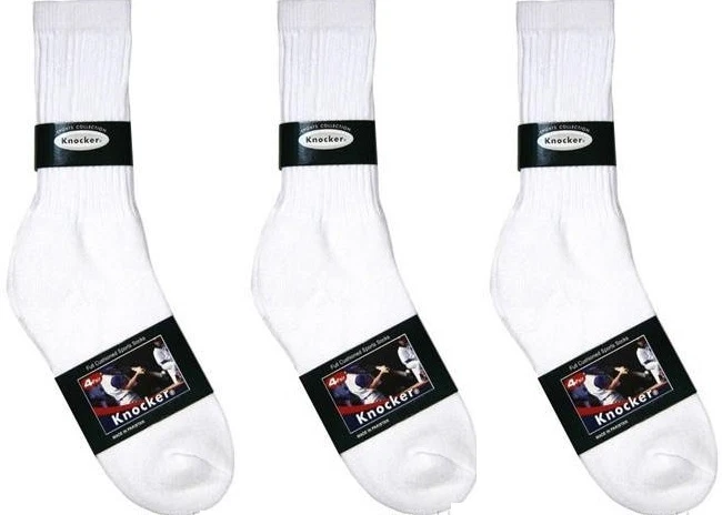 12 Pairs FULL Cushioned Sports Knocker ALL WHITE CREW Socks Cotton Size: 9-11