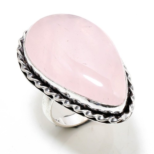 Rose Quartz Natural Gemstone Handmade 925 Sterling Silver Jewelry Rings 7.5"