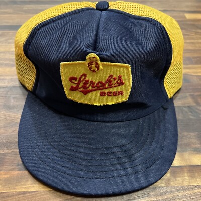 Strohs Beer Hat Trucker Patch Snapback Cap Blue Yellow Vintage Alcohol Promo