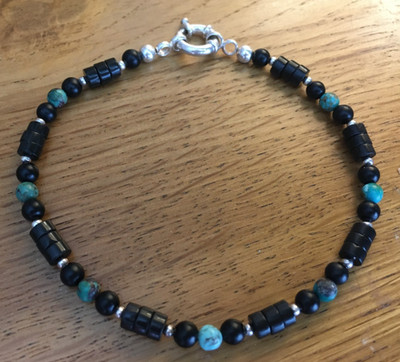 Herren Sterlingsilber Onyx & Hubie Türkis Armband 8''