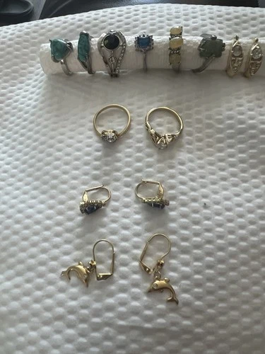 Vintage Costume Jewelry Lot Rings & Earrings Rhinestone Dolphin Blue Green