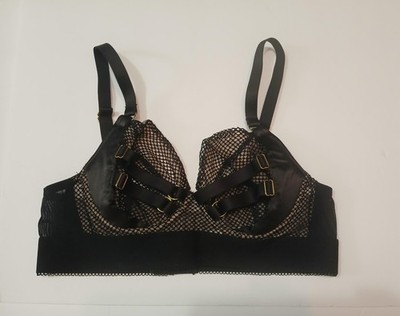 Kiss Me Deadly X Playful Promises Bra Womens 32C Black Mesh Harness Strappy Lace
