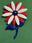 Vintage Enamel Flower Brooch Red White Blue Patriotic Costume Jewelry