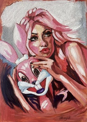 Erotik Kunst Original Zeichnung Gemälde Öl auf Papier Akt blond weiblich Pinup Girl