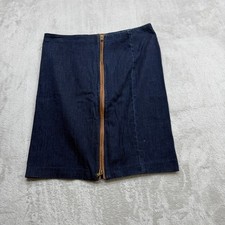 Lauren Ralph Lauren Denim Skirt Womens 10 Pet Blue Leather Trim Front Zip Pencil