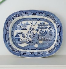 Antique Very Large Willow Pattern Platter Meat Plate/Dish Blue White 18" (Crack)