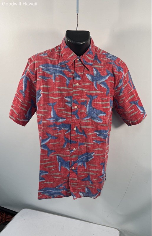 Reyn Spooner Men's Red Dietrich Varez Whale Print Aloha Shirt Vintage 90s Sz L