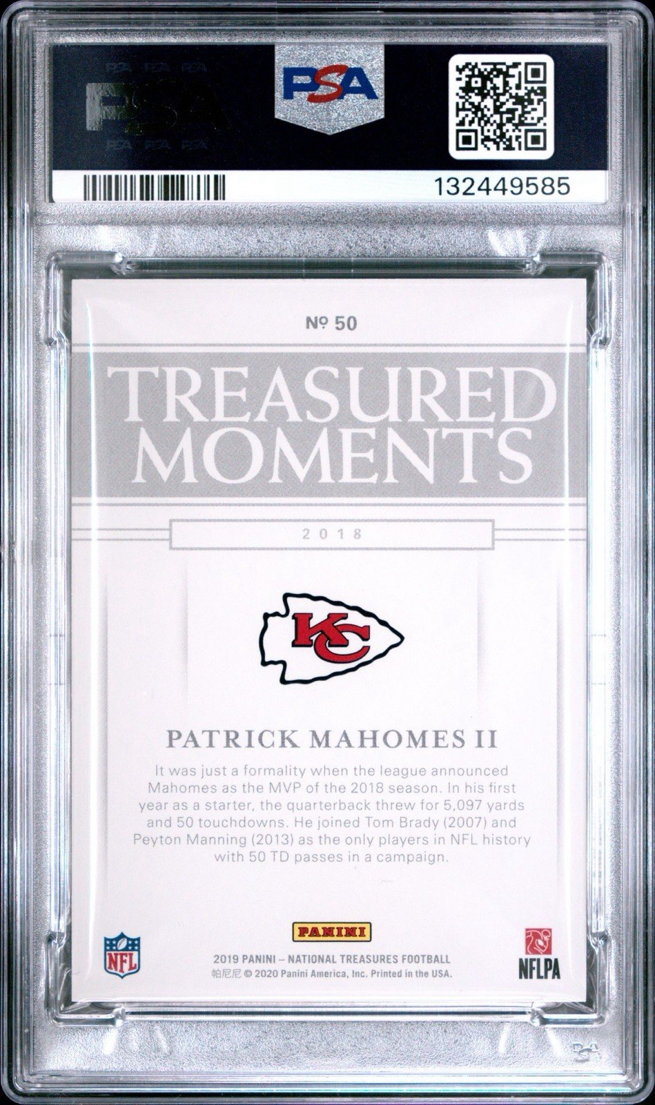 2019 National Treasures Patrick Mahomes /75 Treasured Moments #50 PSA 9 view 2