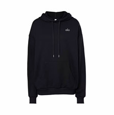 Alo men Black Pullover Logo Hoodie Oversized Fleece Drawstring Pockets