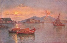 Eruzione Del Vesuvio Notte Napoli Barca Da Pesca G. Carelli Art Postcard 1919