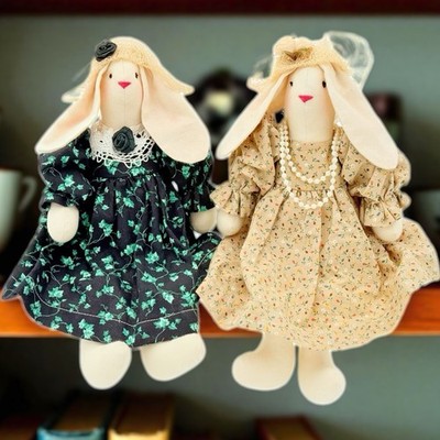 Pair Bunny Rabbits Handmade Muslin Stuffed Doll Floppy Ear Shelf Sitter Weighted