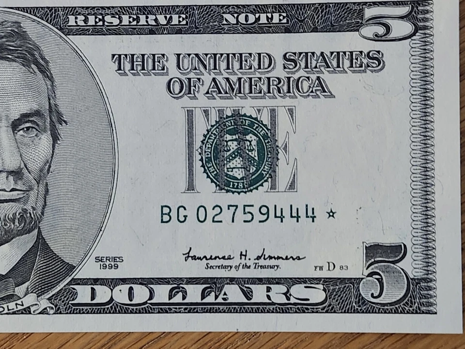 1999 $5 UNC/GEM "STAR NOTE" CHICAGO DISTRICT BG02759444* 1 OF 3 CONS SER NUM - Image 4 of 4