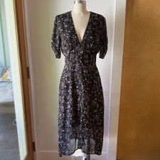 ASTR The Label Soleil Midi Dress-Button Up V-neck 1/2 Sleeve Black Floral-Sz Sml