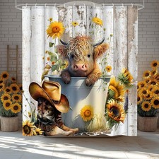 72x72 Inch Cute Highland Cow Shower Curtain - Farmhouse Rustic Wooden Backgro...